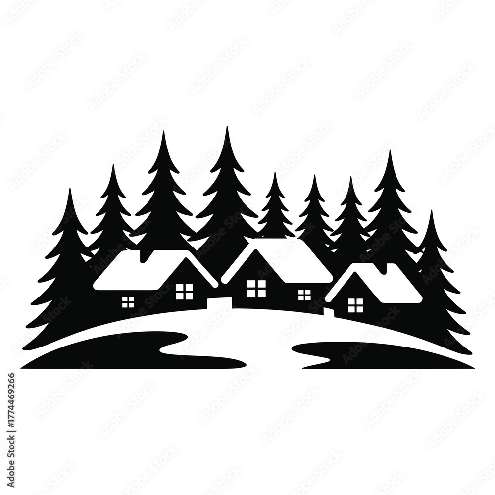 Obraz premium Snowy Forest Winter Village Silhouette Vector Black Minimal Flat Design White Background