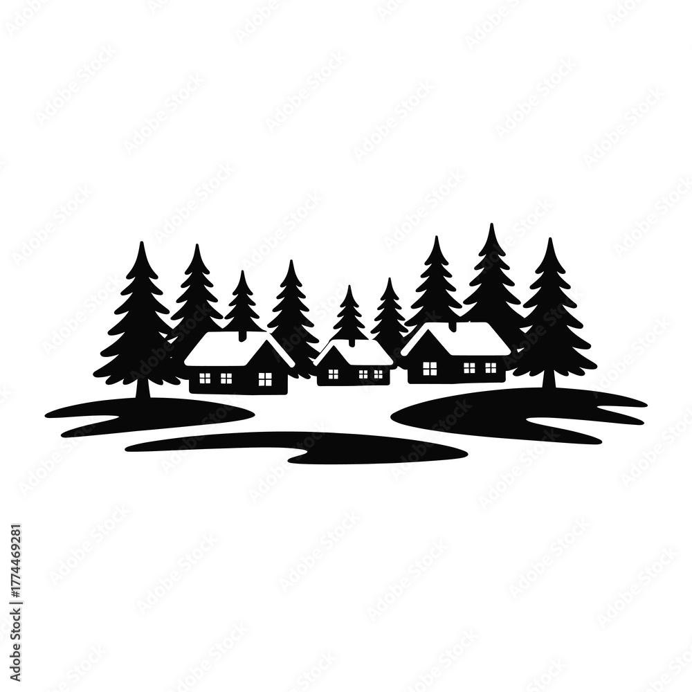 Obraz premium Snowy Forest Winter Village Silhouette Vector Black Minimal Flat Design White Background