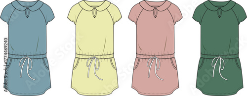 Fashion flat sketches of a versatile women's mini-dress, featuring a comfortable silhouette with a drawstring waist and practical pockets, presented in various appealing colors