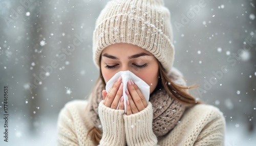 Young woman blows her nose with white tissue outdoors. She wears warm knit hat, scarf, and sweater. Snow falls around her. She has cold, flu, or allergy in winter weather. Health and sickness concept.