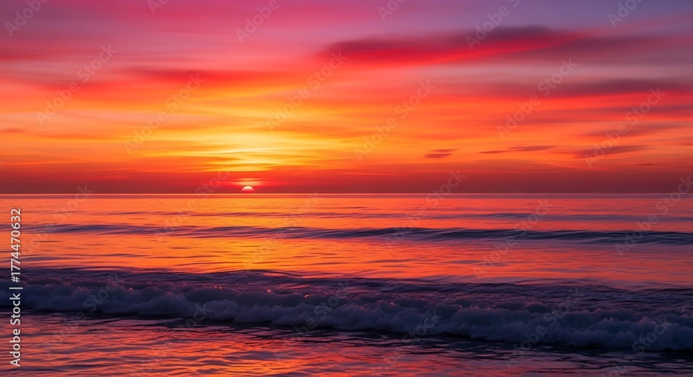 Obraz premium Vibrant sunset over ocean waves painting the sky with fiery colors.