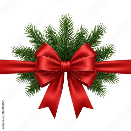 A vibrant red satin ribbon tied in a festive bow around a lush green fir tree branch perfect for holiday decorations