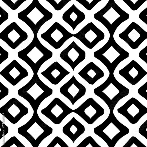 Seamless black and white pattern with diamond shapes connected by wavy lines creating a bold design element