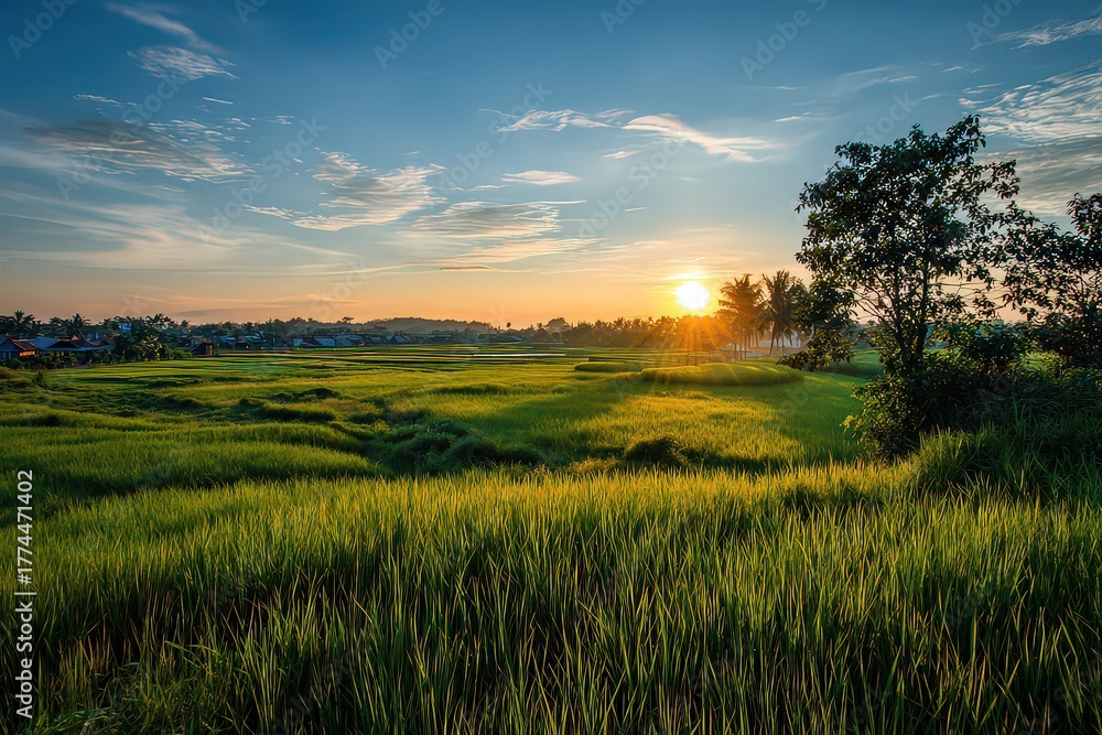 Fototapeta premium Golden Sunset Over Green Field Landscape with Distant City Skyline in Hazy Evening Light and Scattered Clouds and Trees Silhouettes in Horizontal Composition