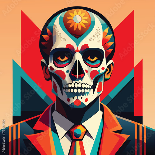 Stylish Sugar Skull Man in Business Suit Calavera Art Vector Illustration