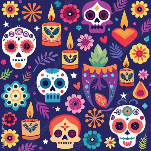 Day of the Dead Sugar Skulls Candles and Flowers Seamless Pattern Design