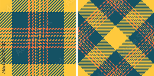 Vibrant textile design with two plaid patterns. The contrasting yellow, teal, and orange colors evoke a classic yet modern feel, ideal for backgrounds or graphic design.