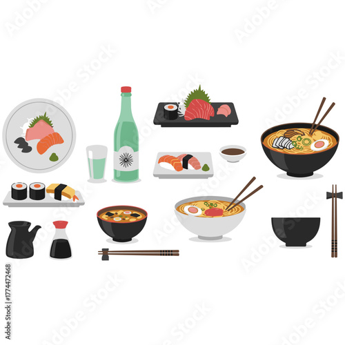 Japanese cuisine vector illustration featuring sushi rolls, ramen noodles, tempura shrimp, gyoza dumplings, miso soup, and edamame beans in flat cartoon style on white background for food design conce