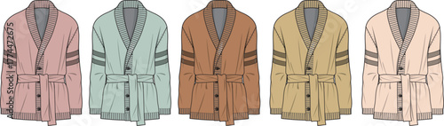 A stylish collection of men's belted cardigan flat sketches in various colorways, perfect for fashion design inspiration and apparel technical drawings