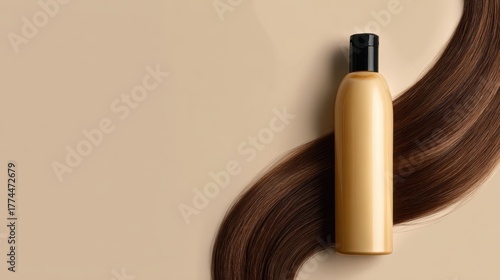 A bottle of shampoo and a strand of brown hair, representing beauty and personal care. The arrangement creates a sense of elegance and care