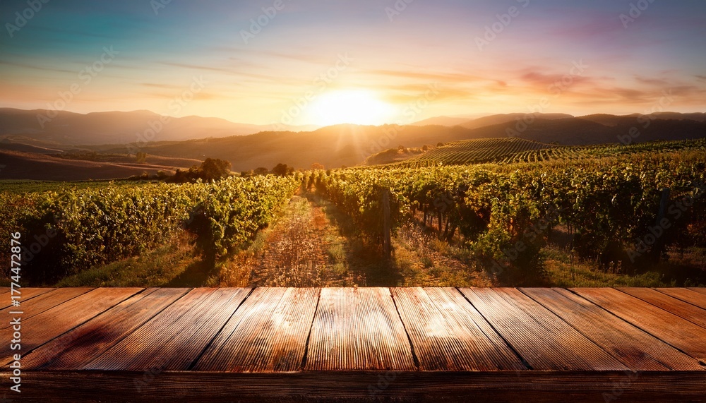 Fototapeta premium Rustic Wooden Table Sunset Vineyard Landscape