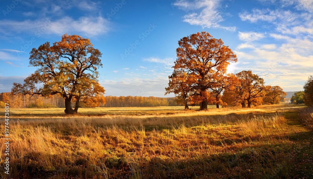 Naklejka premium Autumn Landscape With Oak Trees In The Sunny Day