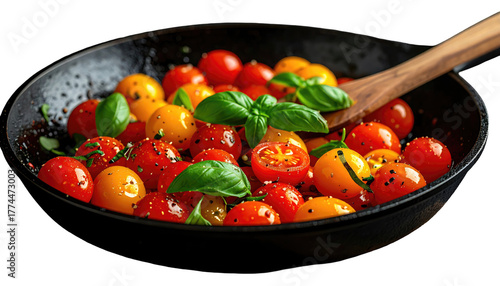 Bright cherry tomatoes, yellow and red, with basil, in a rustic black pan and wooden spoon, on a black background