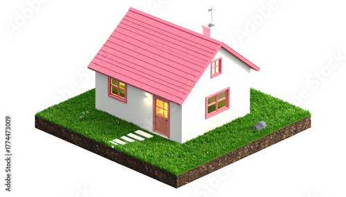 3D rendering of a small house on a grassy plot, isolated on a black background, with pink trim and roof