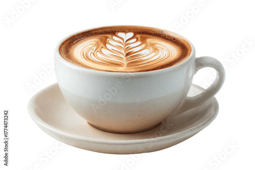 Creamy latte art in a white cup on a saucer, set against a black background