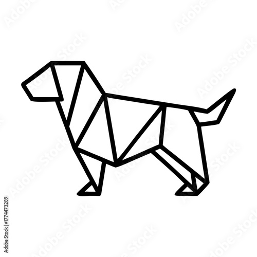 Dog. Origami concept. Monochrome. Tangram. Line art illustration. Squares and triangles. Geometric. Golden Retriever