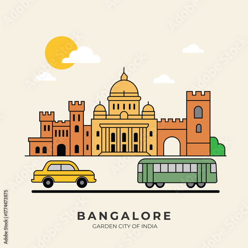 Minimal 2D flat vector illustration of Bangalore cityscape