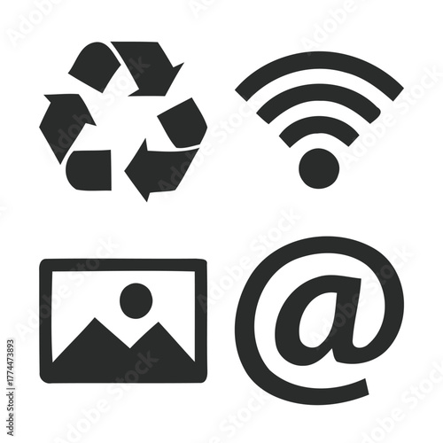 Collection of four common icons including recycle wifi image and email symbols