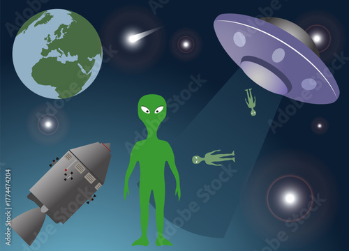 A flying saucer with an alien in space.