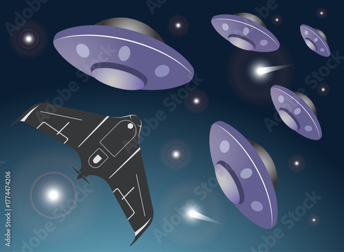 Flying saucers attack a fighter jet in space.
