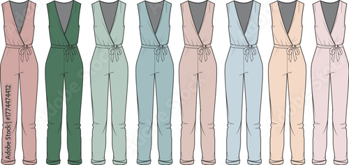 Versatile collection of women's jumpsuit fashion flats, showcasing diverse color concepts for contemporary apparel design projects and stylish clothing inspiration