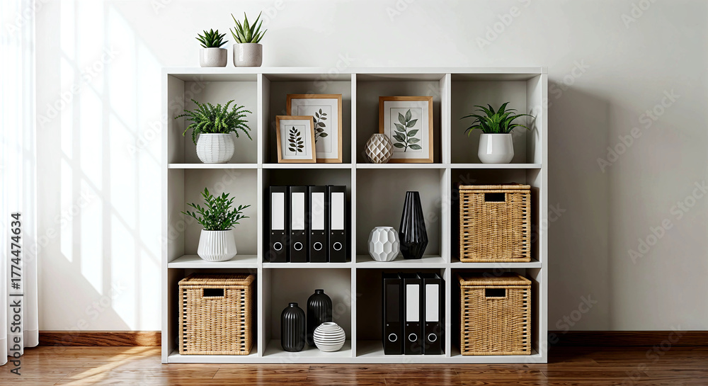 Fototapeta premium Minimalist harmony white cubical shelves blend greenery, texture, and monochrome accents for a modern, balanced interior vibe.