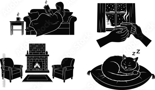 Cozy winter home illustration set, relaxing by fireplace, reading book, drinking hot coffee, sleeping cat, warm hygge lifestyle vector