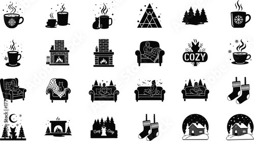Cozy winter illustration set, hot coffee, fireplace, cabin, blanket, hygge lifestyle, reading, snow forest, warm holiday home vector