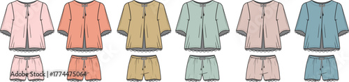 Set of women's sleepwear shorts and tops in various pastel colors with different sleeve lengths and necklines