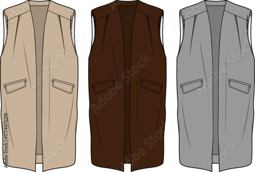 Three stylized vests in different colors showcasing fashion and clothing design concepts