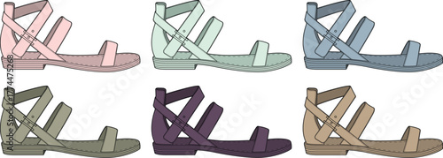 Set of colorful women's strappy flat sandals in various pastel shades. Fashionable summer footwear collection for a stylish look