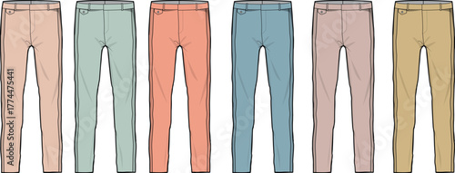 A collection of women's skinny trousers in a vibrant pastel color palette. Fashion flat technical sketch set for apparel design