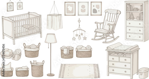 Collection of hand drawn nursery furniture and decor items in a soft sketch style
