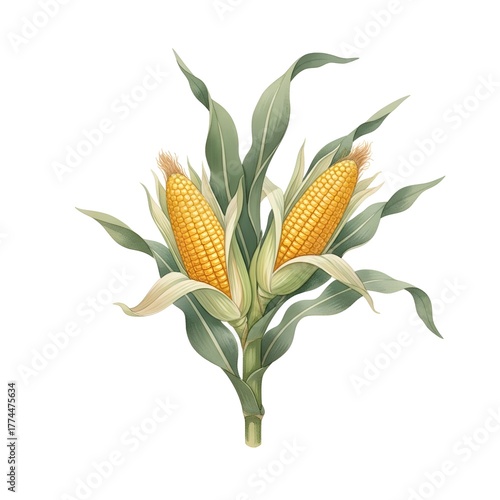 Botanical Illustration of Two Ripe Corn Cobs with Green Leaves A Vintage Style Depiction of Farm Fresh Sweetcorn Plants for Decor