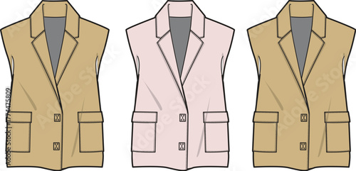Fashionable Women's Sleeveless Jackets in Beige and Pink, Studio Display