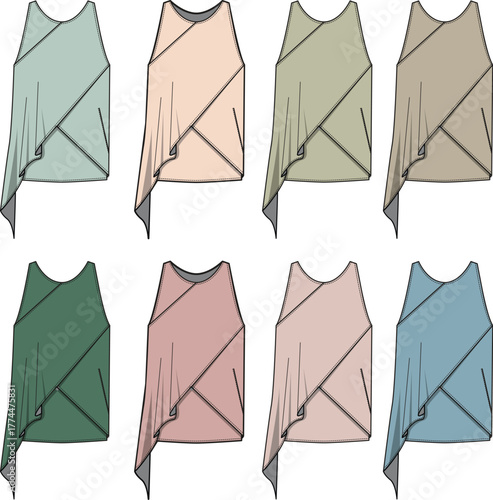 Collection of modern asymmetrical draped women's tops in various pastel and earthy colors, showcasing innovative fashion design concepts and apparel development templates for stylish garment creation