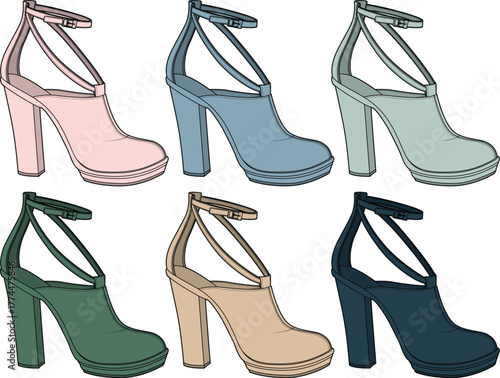 Vector illustration set of fashionable women's high heel T-strap cutout sandals in a variety of colors. Modern footwear design concept for style and elegance