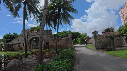 Front , wide shot of the historic Alhambra entrance in Coral Gables, Florida
