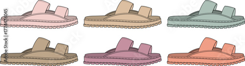 Colorful set of sandals illustrations featuring various designs and styles for footwear fashion