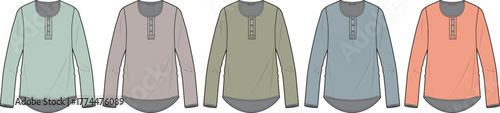 Collection of colorful henley shirts for fashion design and apparel concept in a studio setting