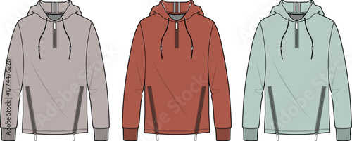 Fashionable hoodies vector illustration set with a practical zip and cozy hood