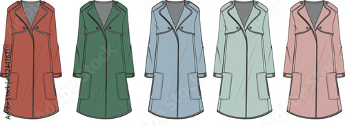 Set of three colored half-zip hooded sweatshirt technical flat sketches. Vector illustration template for fashion apparel design concept