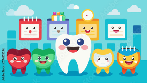 Cartoon teeth characters with smiling faces and medical icons promoting dental health, hygiene, and regular checkups in a fun and educational way