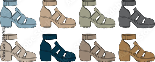 Set of stylish women's chunky block heel sandals in a muted color palette. A vector illustration concept for a summer footwear collection