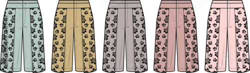 Collection of five patterned trousers in various colors for apparel design