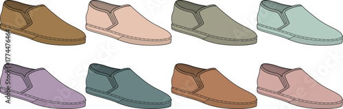Colorful array of casual slip-on shoes for men and women. A vector set illustrating a modern footwear and lifestyle concept