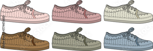 Collection of six different colored low-top casual sneakers, showcasing various hues for everyday wear and fashion