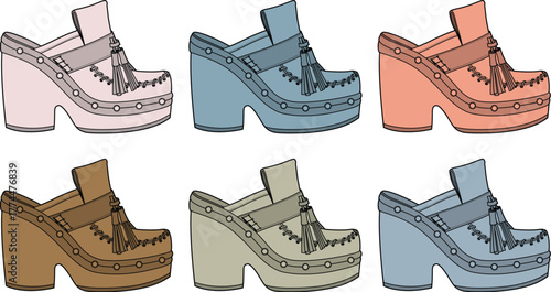 Variety of colorful women's platform clogs isolated on white background, showcasing different hues and styles