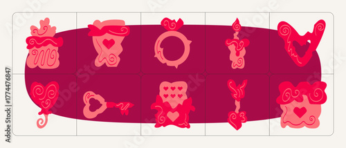 Collection of hand-drawn illustrations for Valentine's Day with a wedding ring, a gift, and a heart key in a romantic doodle style.