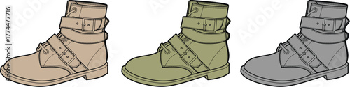 Collection of stylish ankle combat boots with multiple buckle straps, presented in a set of brown, green, and gray color variations